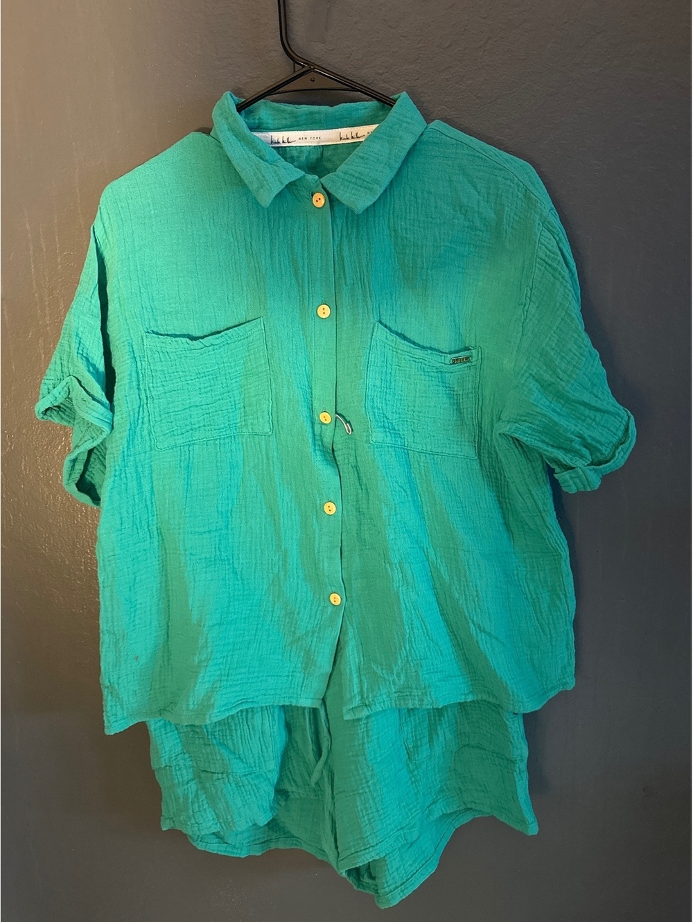 Nicole Miller Women's Turquoise Casual Two-Piece Button-Up Shirt and Shorts Set